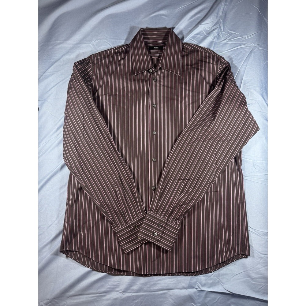 Boss Hugo Boss Men's Long Sleeve Brown & Pink Striped Button Up Size XL 17 36/37